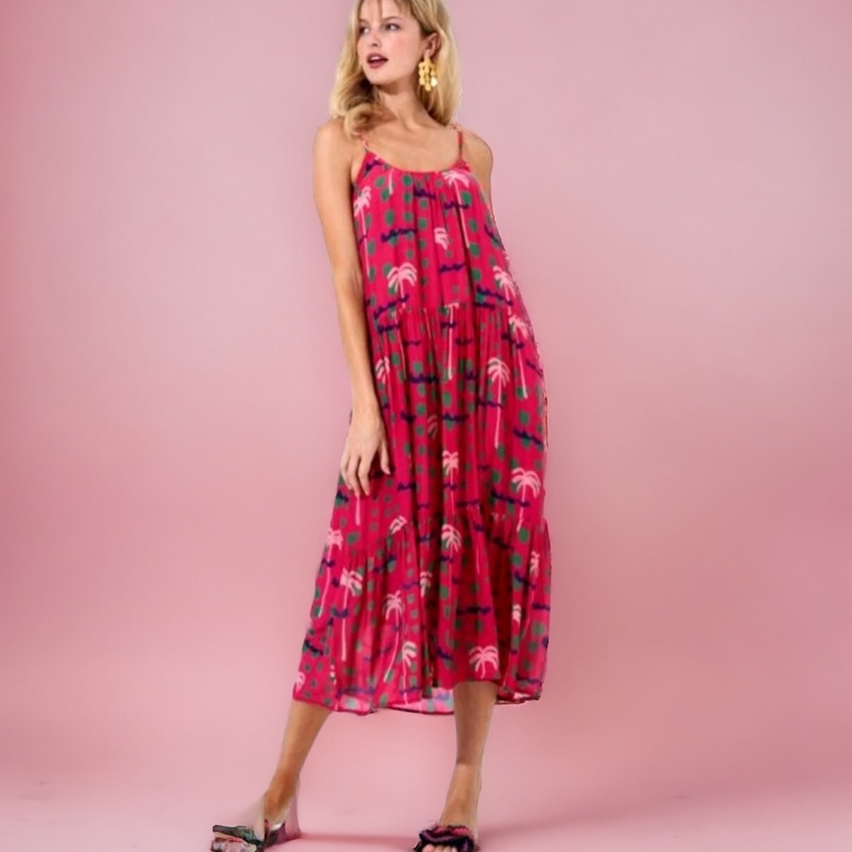 Oliphant Ipanema Midi Pink Palm Tree Cotton Silk Dress Xs